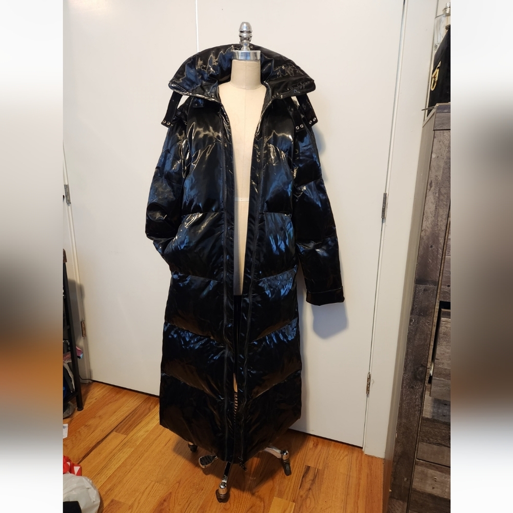 3 way Black Patent Long Puffer Coat by Darker Wave Size L